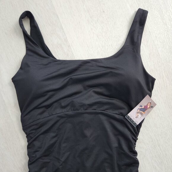 Sofia Jean Body Sculpting Ruched Tank Dress, Below Knee Length, BLACK - Picture 4 of 9